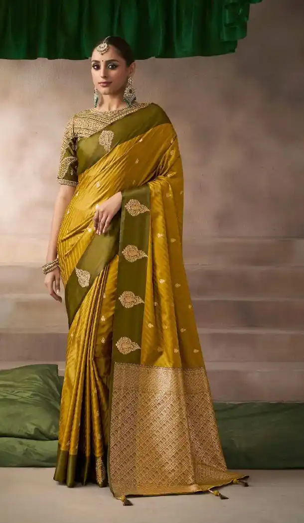 Olive Green Pure Satin Silk Embroidery Work Saree - 219705