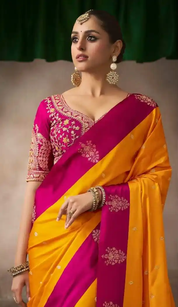 Mustard Pure Satin Silk Embroidery Designer Saree - 219706