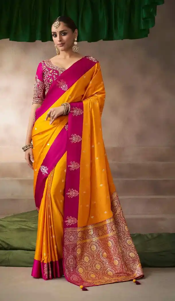 Mustard Pure Satin Silk Embroidery Designer Saree - 219706