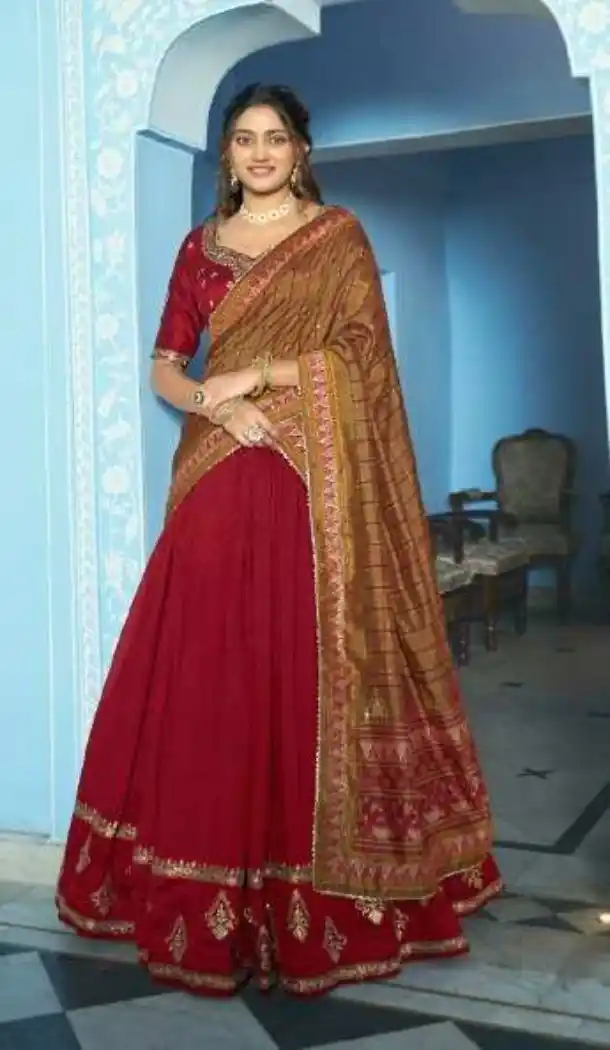 Maroon Vichitra Silk Embroidery Party Wear Lehenga - 219730