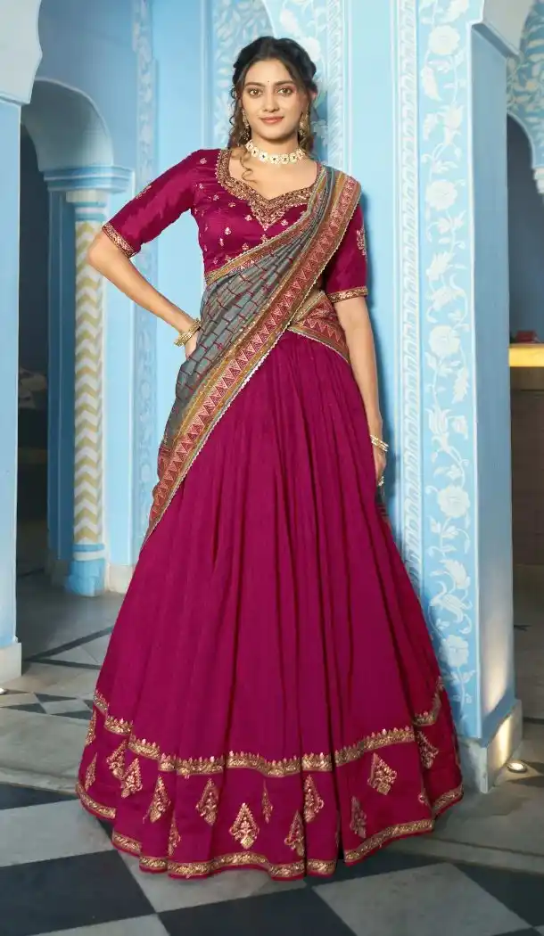 Rani Pink Vichitra Silk Sequins Work Lehenga Choli - 219731