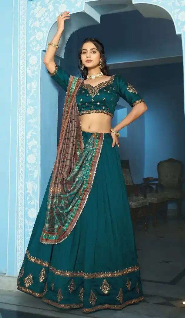 Teal Vichitra Silk Designer Embroidery Lehenga - 219732