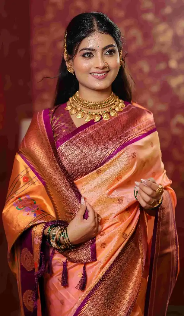 Peach Pure Soft Silk Gold Zari Work Pethani Saree - 219756