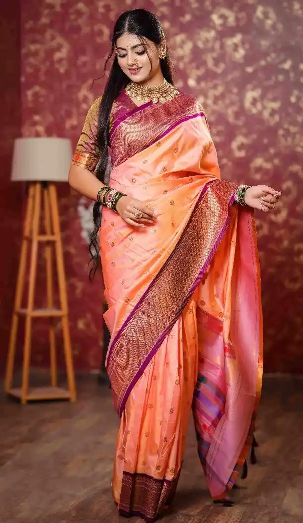 Peach Pure Soft Silk Gold Zari Work Pethani Saree - 219756