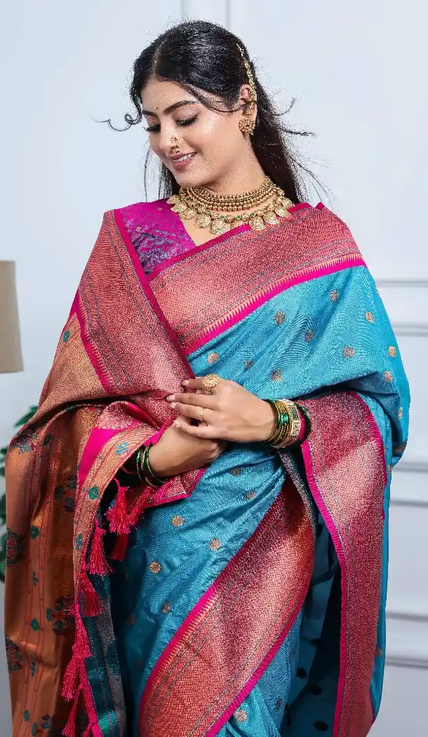 Rama Blue Pure Soft Silk Designer Peacock Border Saree - 219758