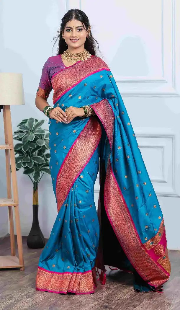 Rama Blue Pure Soft Silk Designer Peacock Border Saree - 219758