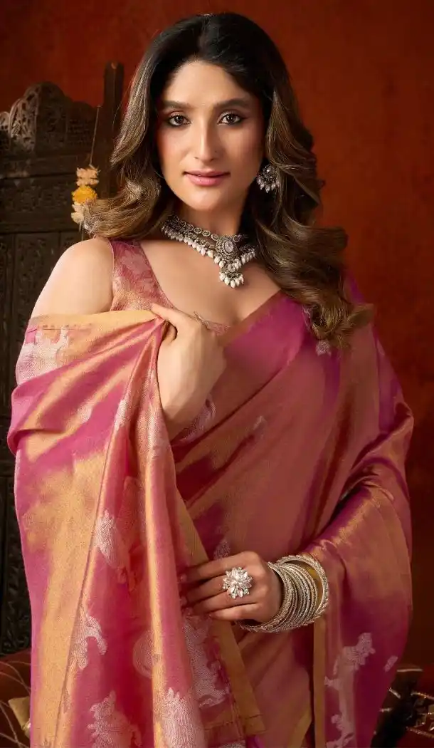 Elegant Pink Heavy Tissue Silk Party Wear Saree with Butta Work - 219782