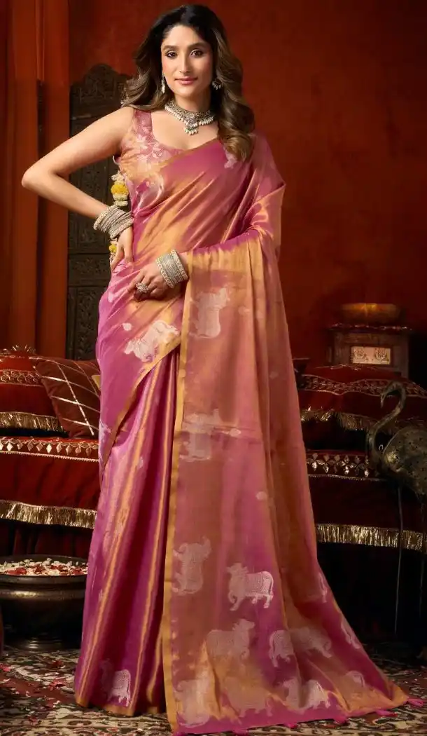 Elegant Pink Heavy Tissue Silk Party Wear Saree with Butta Work - 219782