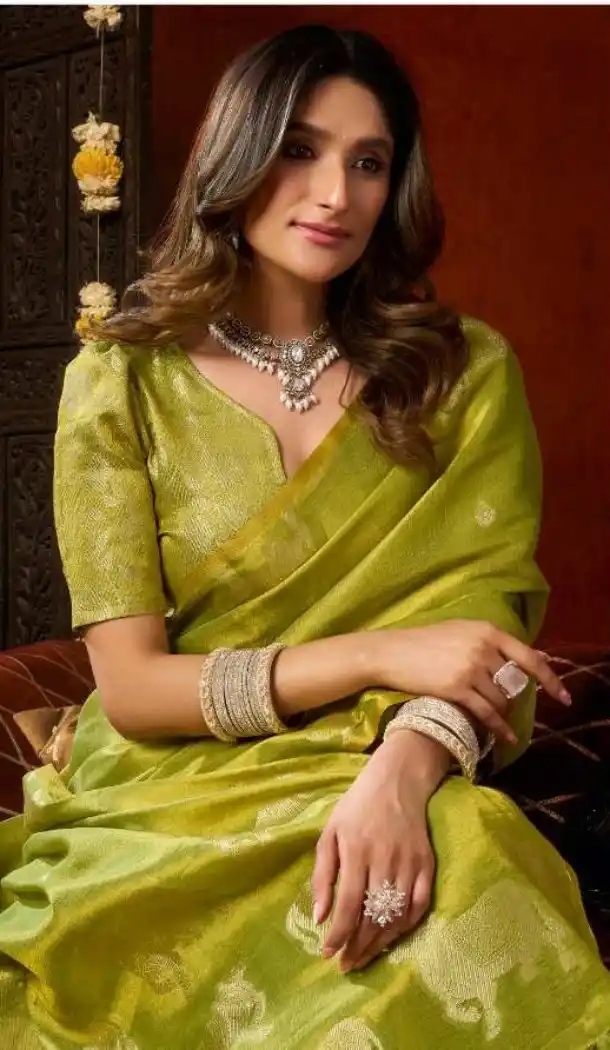 Green Heavy Tissue Silk Cow Butta Party Wear Saree - 219783
