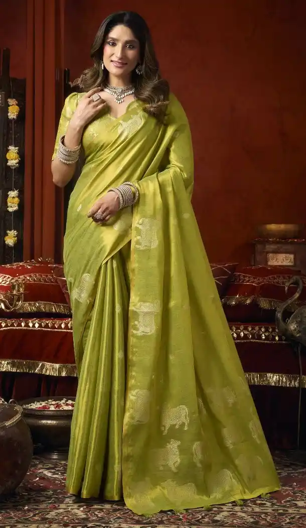Green Heavy Tissue Silk Cow Butta Party Wear Saree - 219783