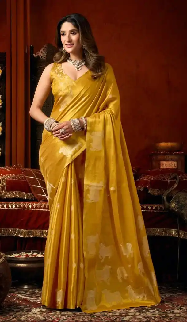 Mustard Heavy Tissue Silk Fancy Tassel Party Wear Saree - 219784