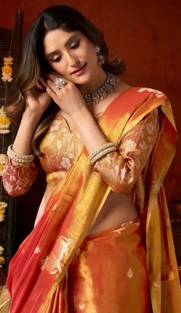 Golden Orange Heavy Tissue Silk Party Wear Saree with Tassels - 219786
