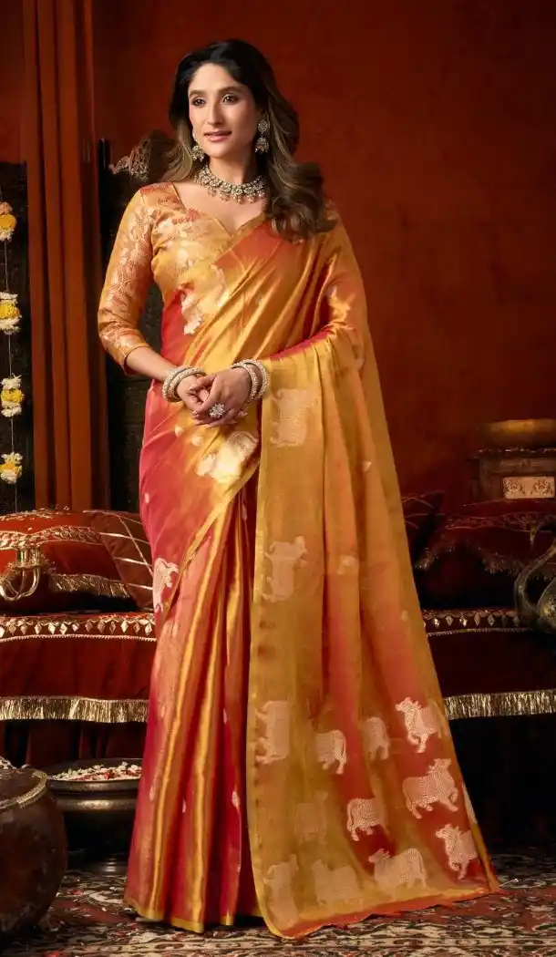 Golden Orange Heavy Tissue Silk Party Wear Saree with Tassels - 219786