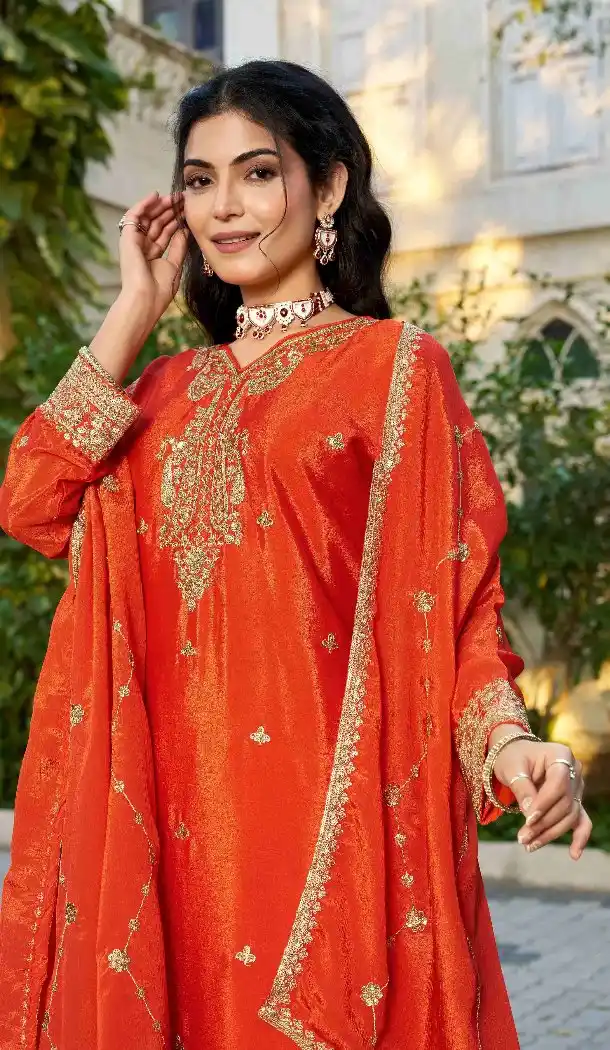 Elegant Orange Chinon Embroidery Palazzo Suit - 219806