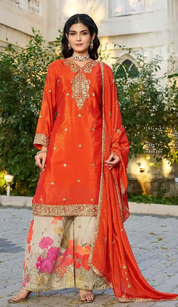 Elegant Orange Chinon Embroidery Palazzo Suit - 219806