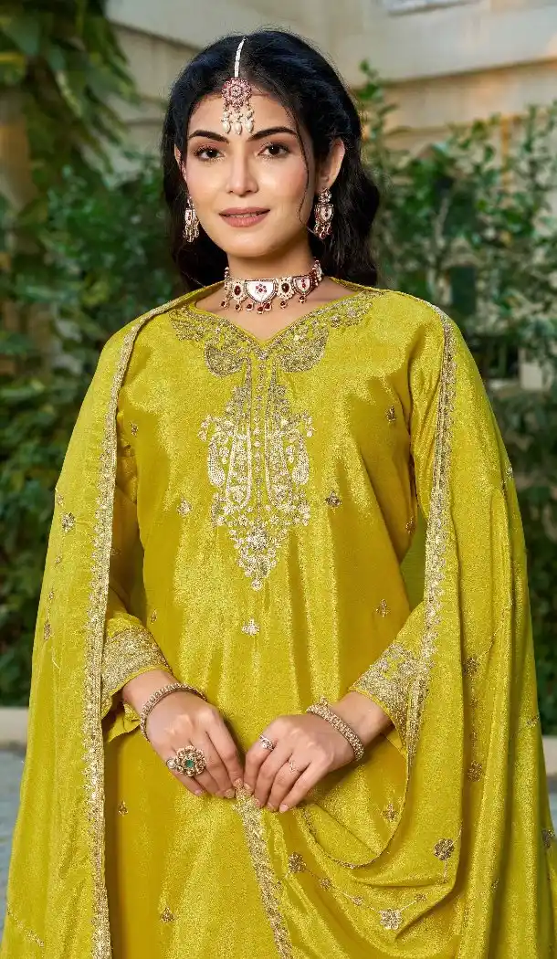 Yellow Chinon Designer Embroidery Palazzo Suit - 219808