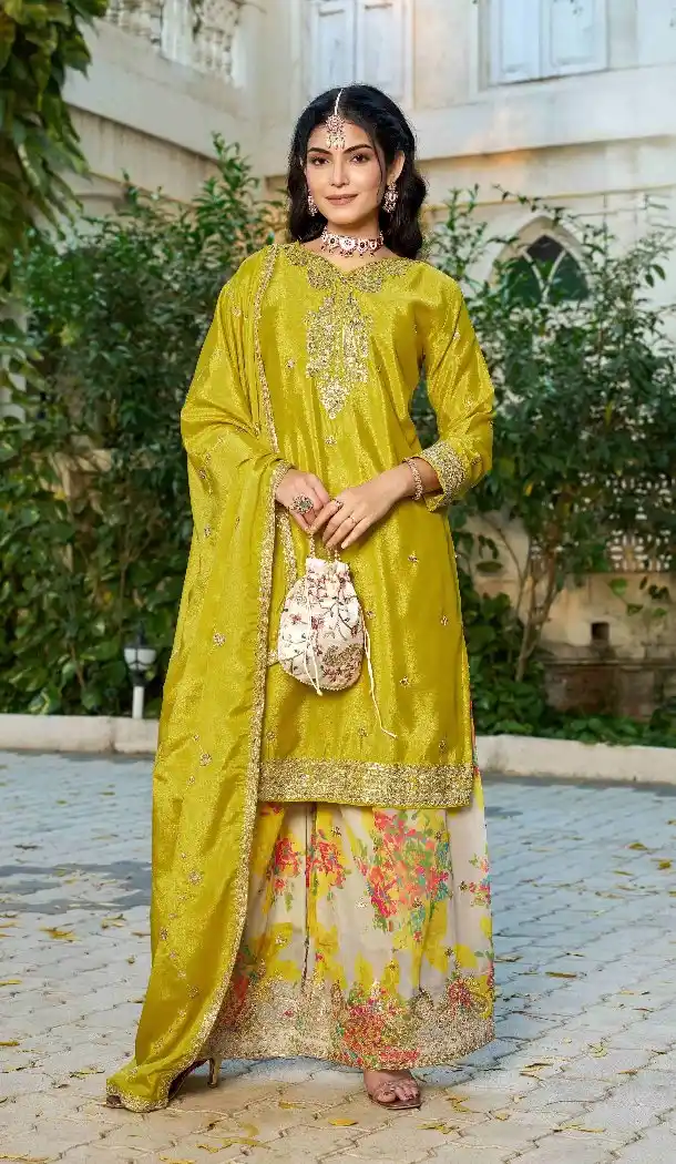 Yellow Chinon Designer Embroidery Palazzo Suit - 219808