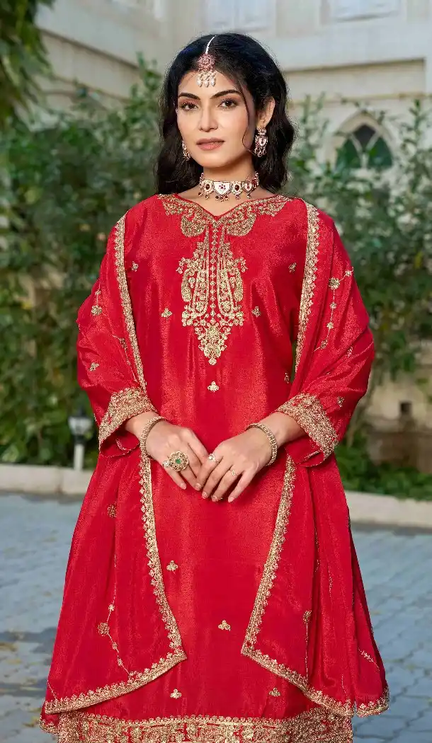 Red Chinon Festive Embroidery Work Suit - 219809