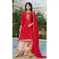 Red Chinon Festive Embroidery Work Suit - 219809