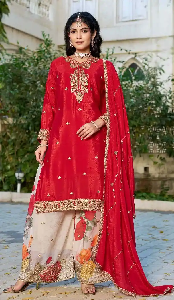 Red Chinon Festive Embroidery Work Suit - 219809