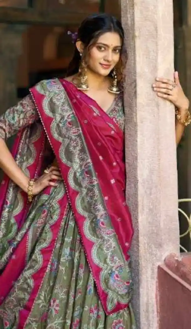 Buy Green Tasar Silk Foil Printed Plus Size Lehenga Choli - 219810
