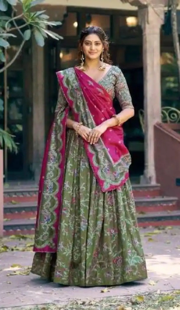 Buy Green Tasar Silk Foil Printed Plus Size Lehenga Choli - 219810