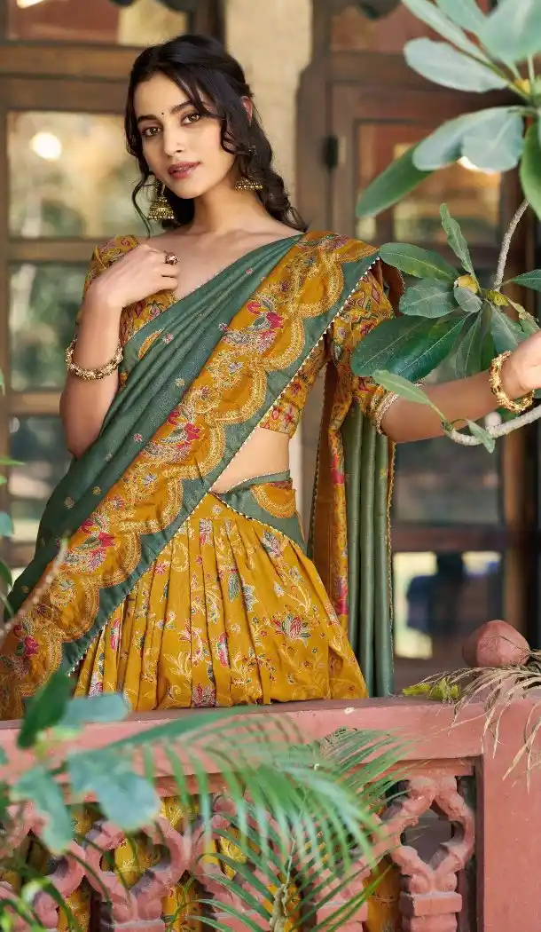 Mustard Tasar Silk Gilded Motif Lehenga Choli - 219811