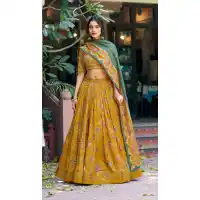 Mustard Tasar Silk Gilded Motif Lehenga Choli - 219811