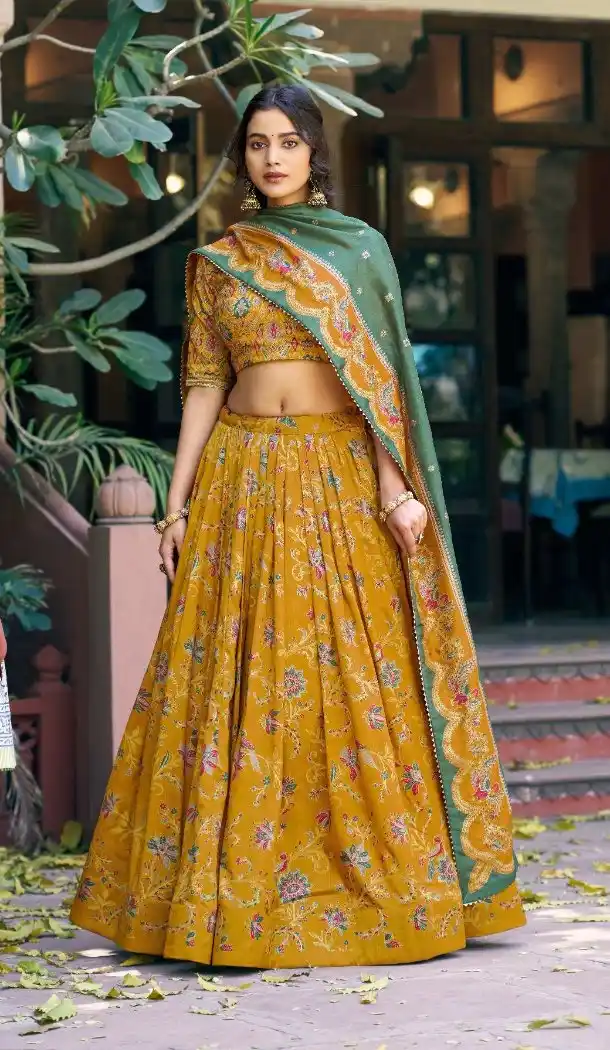Mustard Tasar Silk Gilded Motif Lehenga Choli - 219811