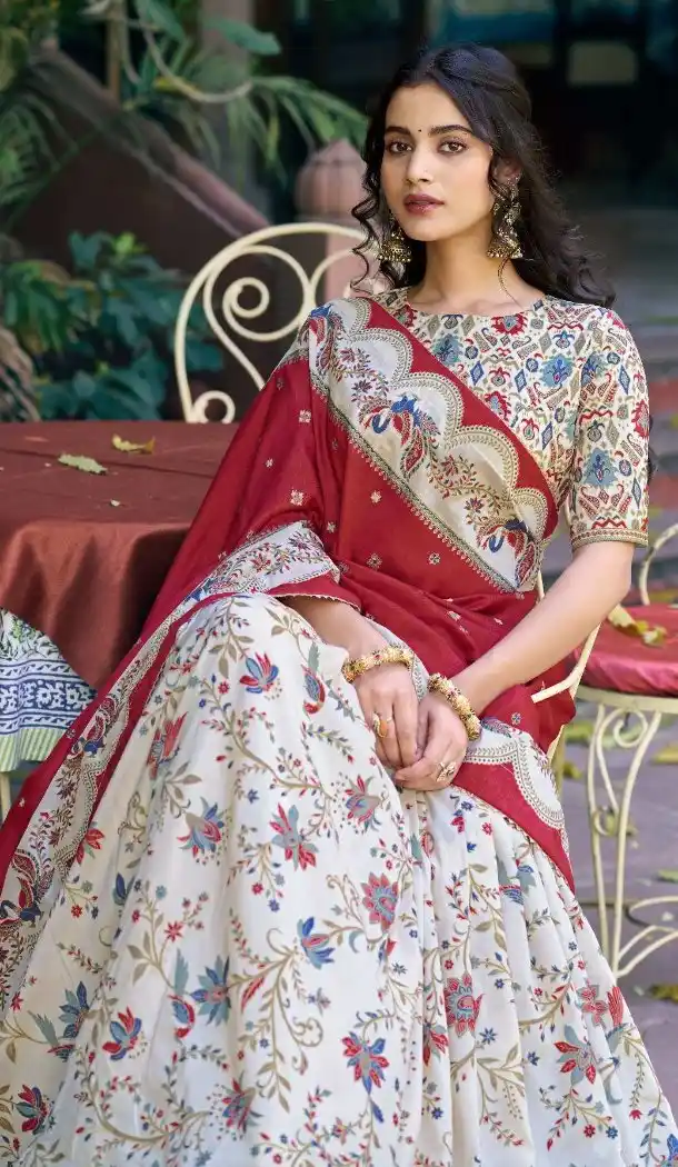 Off White Tasar Silk Foil Work Party Wear Lehenga - 219812