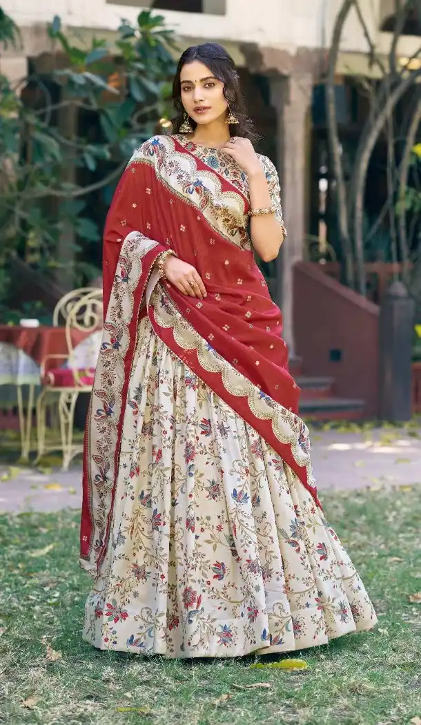 Off White Tasar Silk Foil Work Party Wear Lehenga - 219812