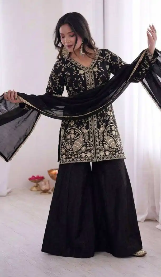 Black Pure Fendy Silk Embroidery Work Palazzo Suit - 219893