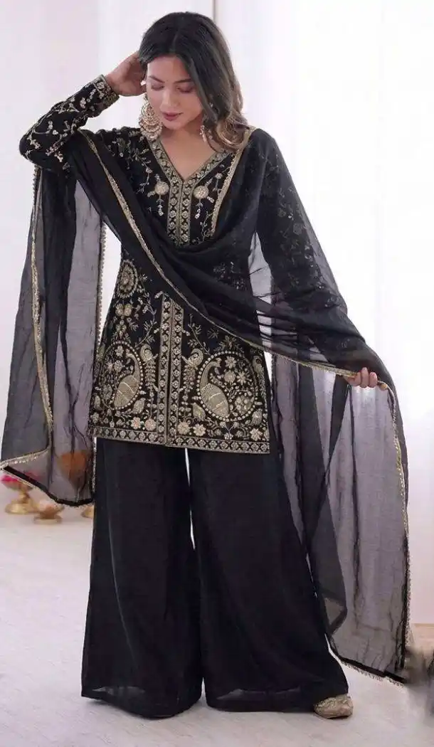Black Pure Fendy Silk Embroidery Work Palazzo Suit - 219893