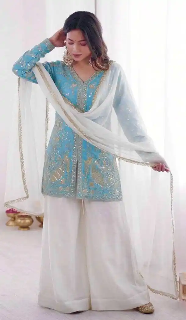 Sky Blue Pure Fendy Silk Palazzo Suit with Sequence Work - 219894