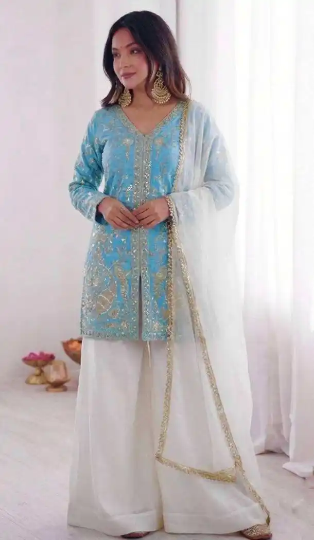 Sky Blue Pure Fendy Silk Palazzo Suit with Sequence Work - 219894