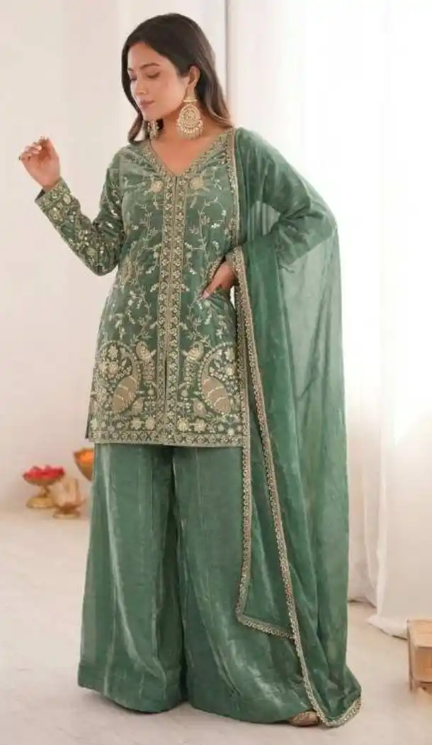 Dark Mint Green Pure Fendy Silk Embroidery Palazzo Suit - 219895
