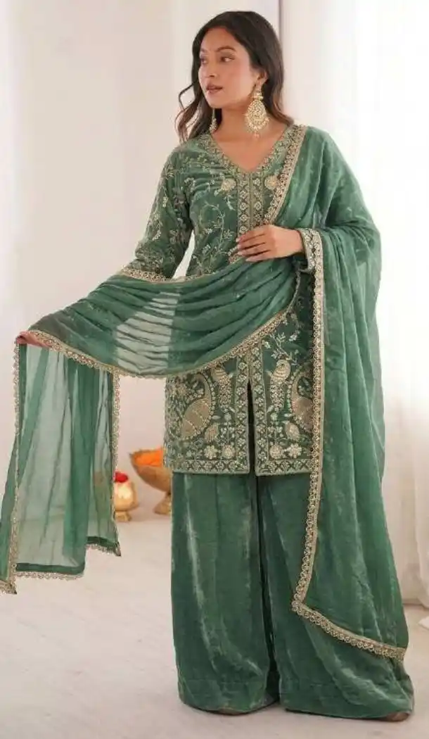 Dark Mint Green Pure Fendy Silk Embroidery Palazzo Suit - 219895