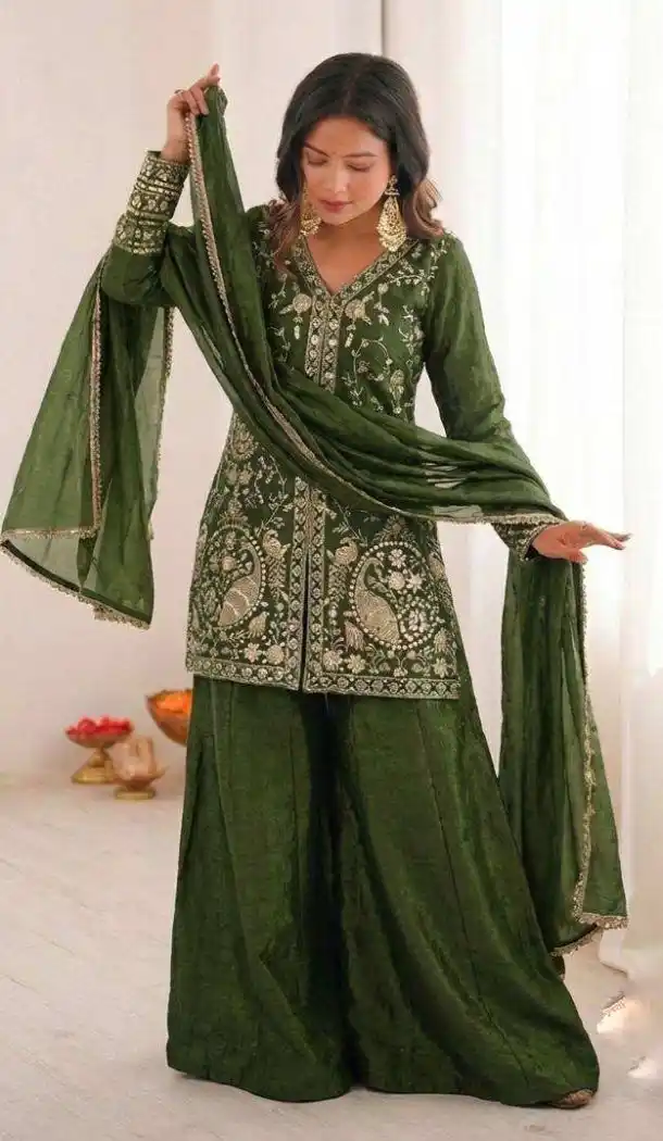 Mehendi Green Pure Fendy Silk Embroidery Work Suit - 219897