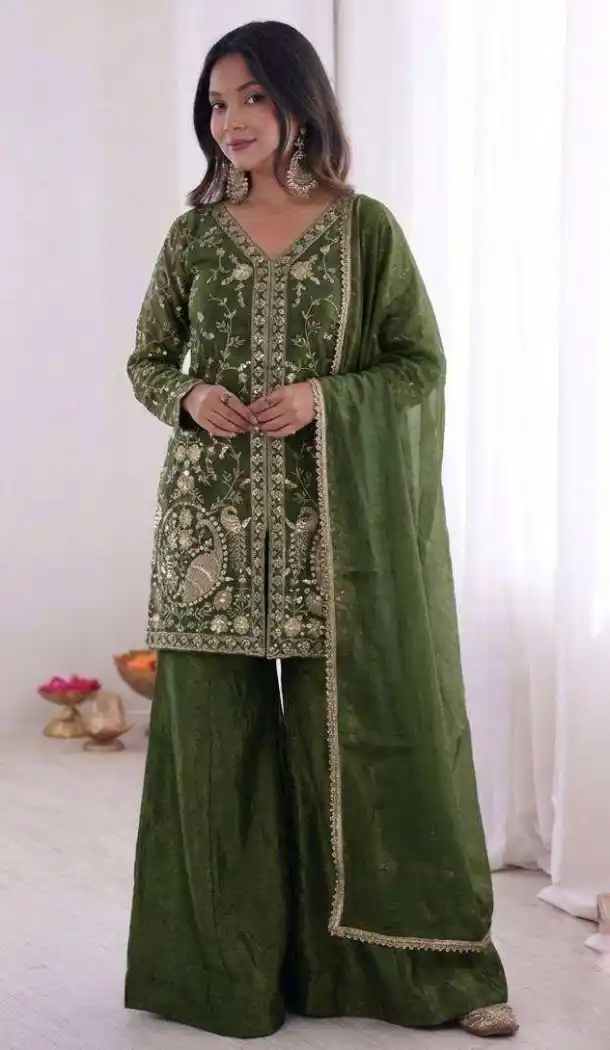 Mehendi Green Pure Fendy Silk Embroidery Work Suit - 219897