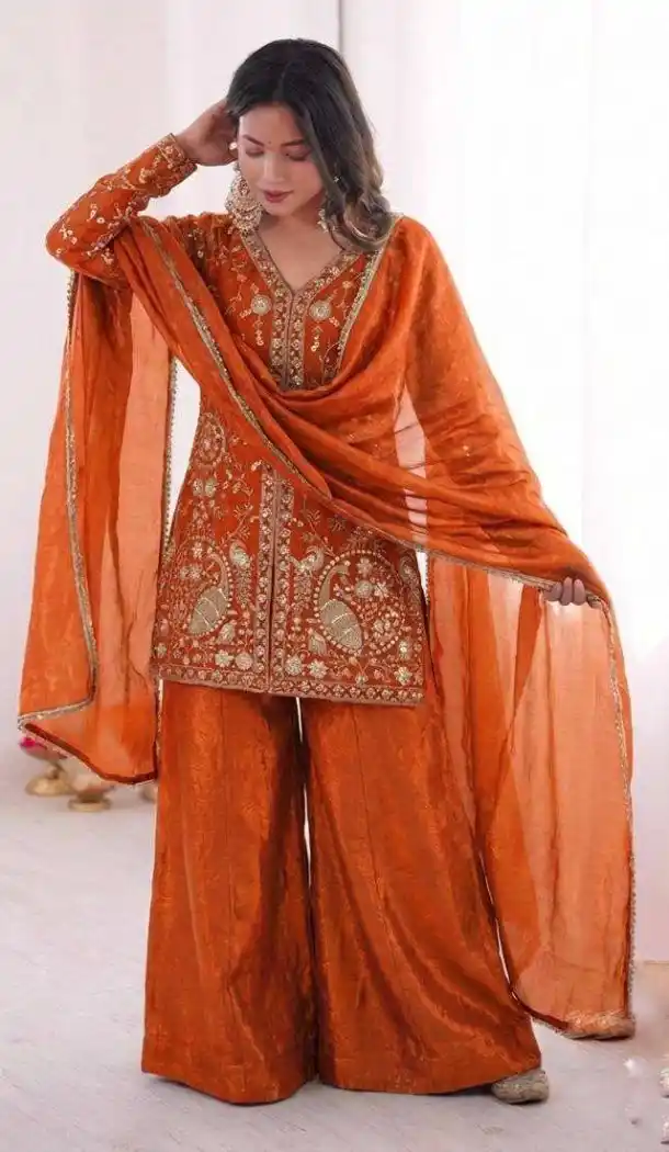Orange Pure Fendy Silk Palazzo Suit with Heavy Work - 219898
