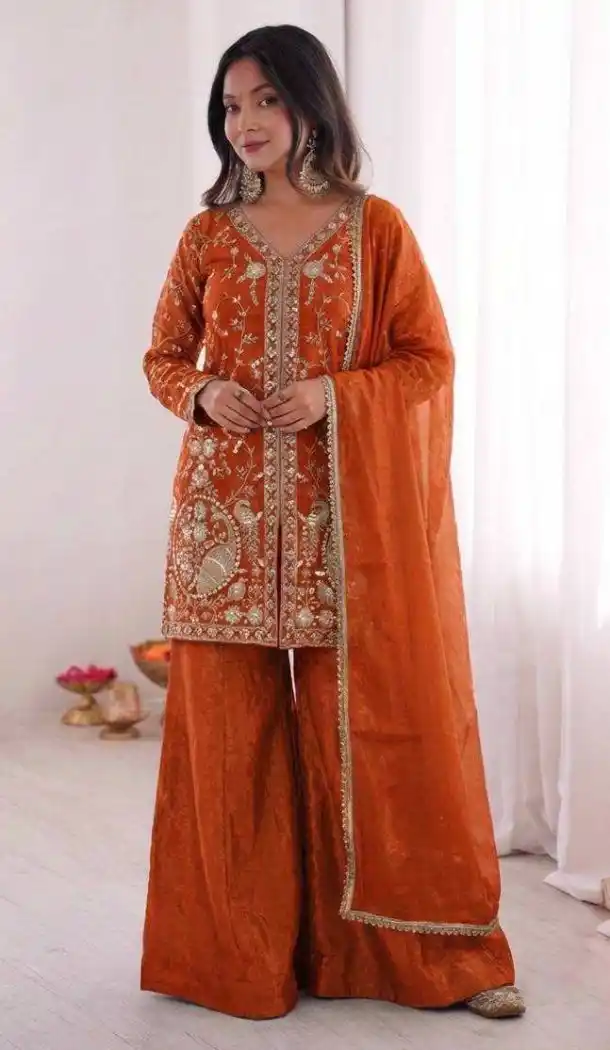 Orange Pure Fendy Silk Palazzo Suit with Heavy Work - 219898