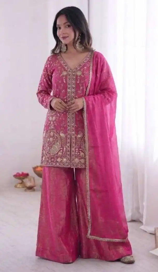 Pink Pure Fendy Silk Embroidery Sequence Palazzo Suit - 219899