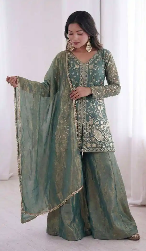 Sea Green Pure Fendy Silk Embroidery Work Palazzo Suit - 219900