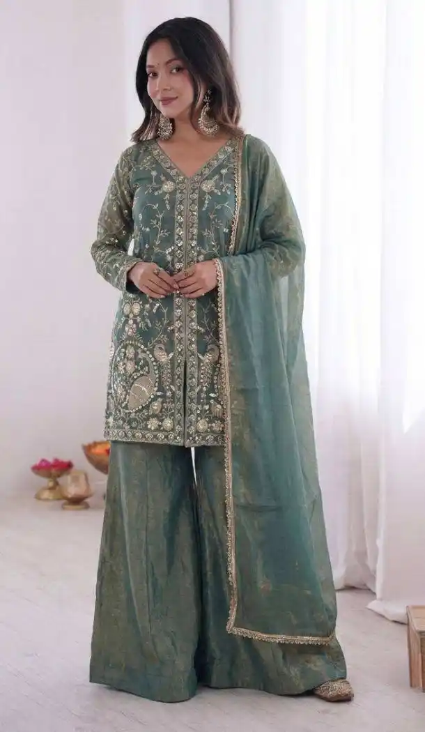 Sea Green Pure Fendy Silk Embroidery Work Palazzo Suit - 219900