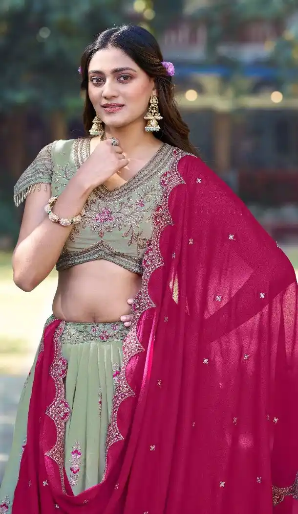 Pista Green Zari Embroidery Party Wear Lehenga - 219910