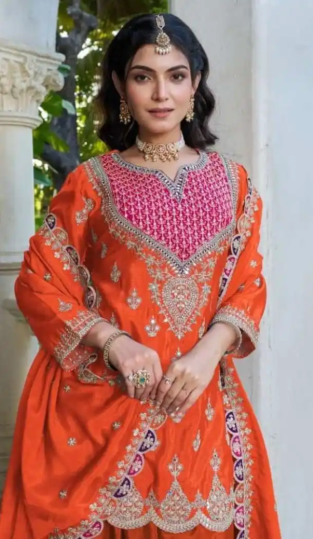 Orange Chinon Embroidery Work Palazzo Suit - 220022 