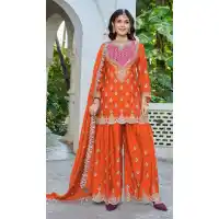 Orange Chinon Embroidery Work Palazzo Suit - 220022 