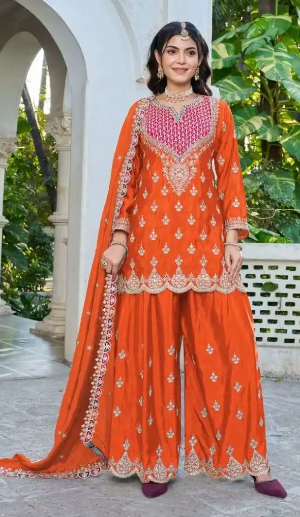 Orange Chinon Embroidery Work Palazzo Suit - 220022 
