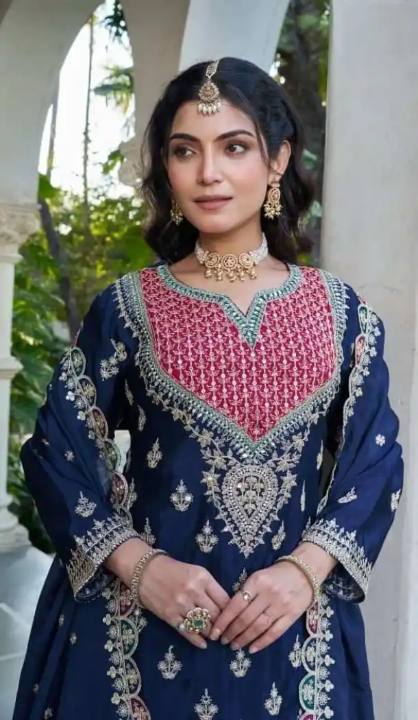 Navy Blue Chinon Designer Palazzo Suit - 220023 