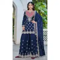 Navy Blue Chinon Designer Palazzo Suit - 220023 